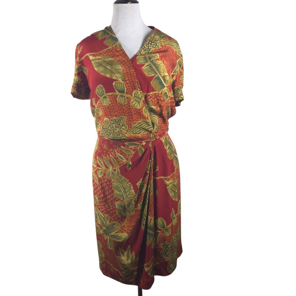 Vintage Maggy London 100% Silk Wrap Dress 12 Red Green Tropical Boho 80s‎ 90s